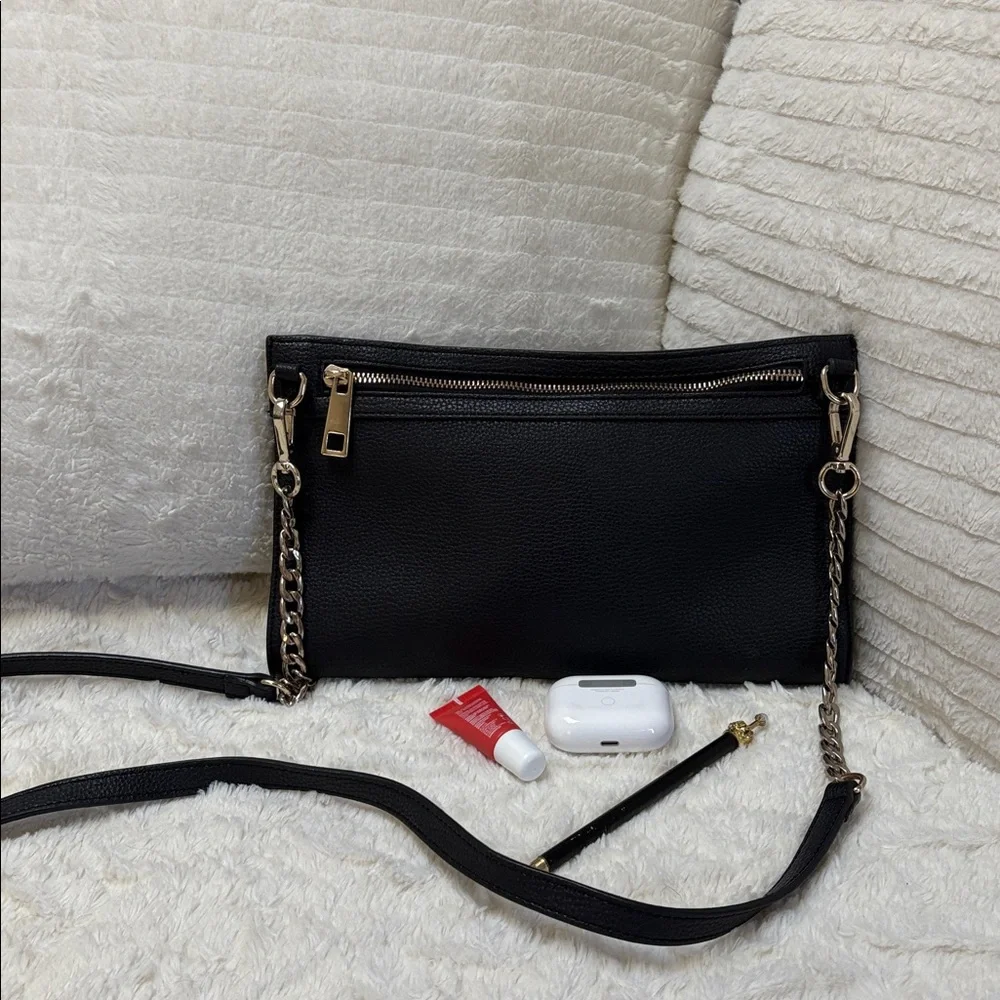 Black Faux Leather Crossbody Bag with Gold Accents and Zippers - Picture 3 of 7